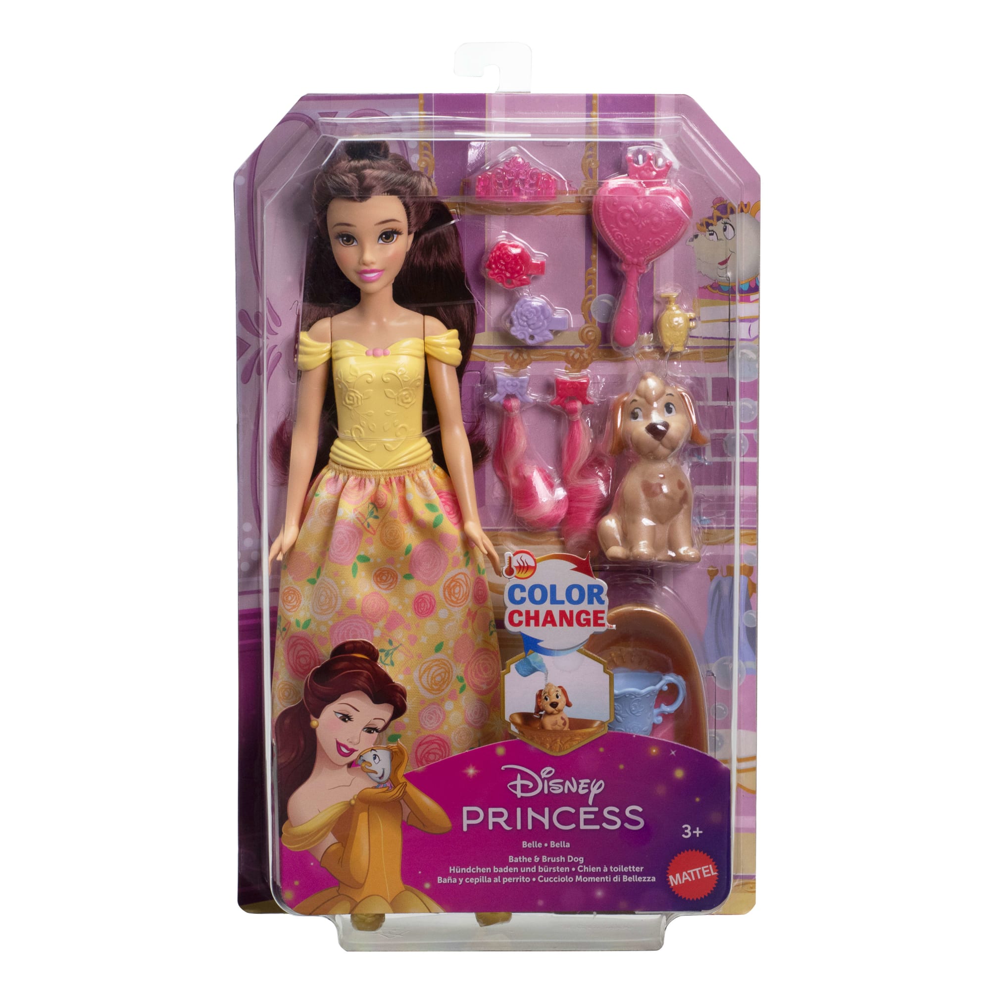 Disney Princess Bathe & Brush Belle Fashion Doll & Dog Figure With Color Change & Accessories