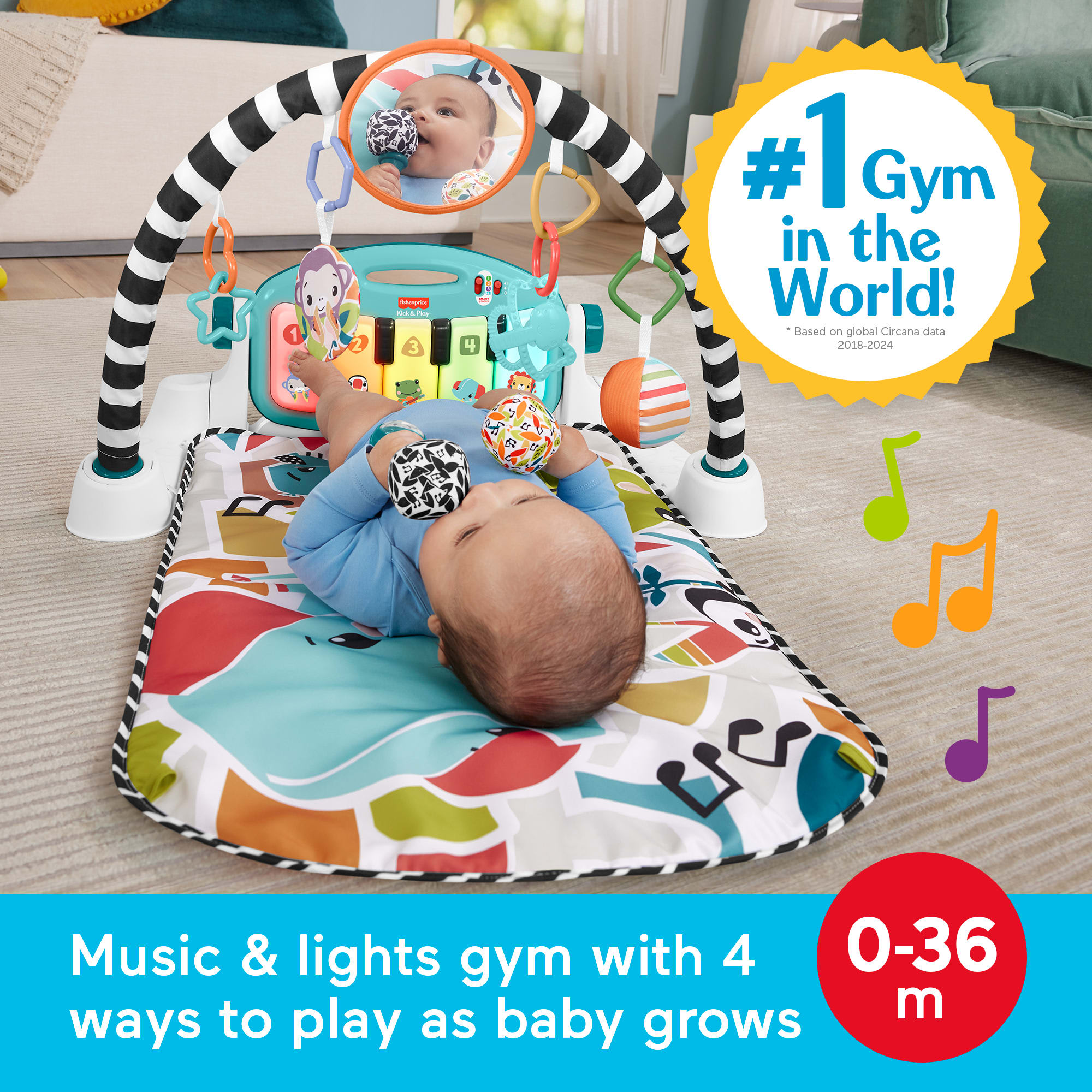 Fisher-Price Glow And Grow Kick & Play Piano Gym Baby Learning Toy With 2 Maracas, Blue