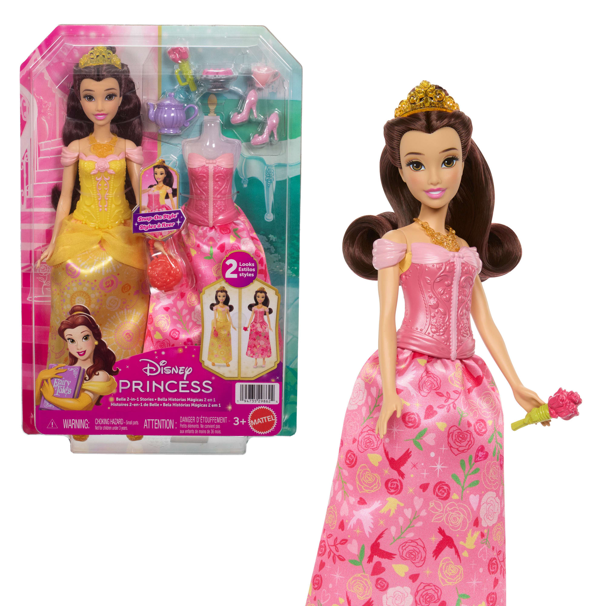 Disney Princess 2-In-1 Stories Belle Fashion Doll With 2 Snap-On Bodices, 2 Skirts & 9 Accessories