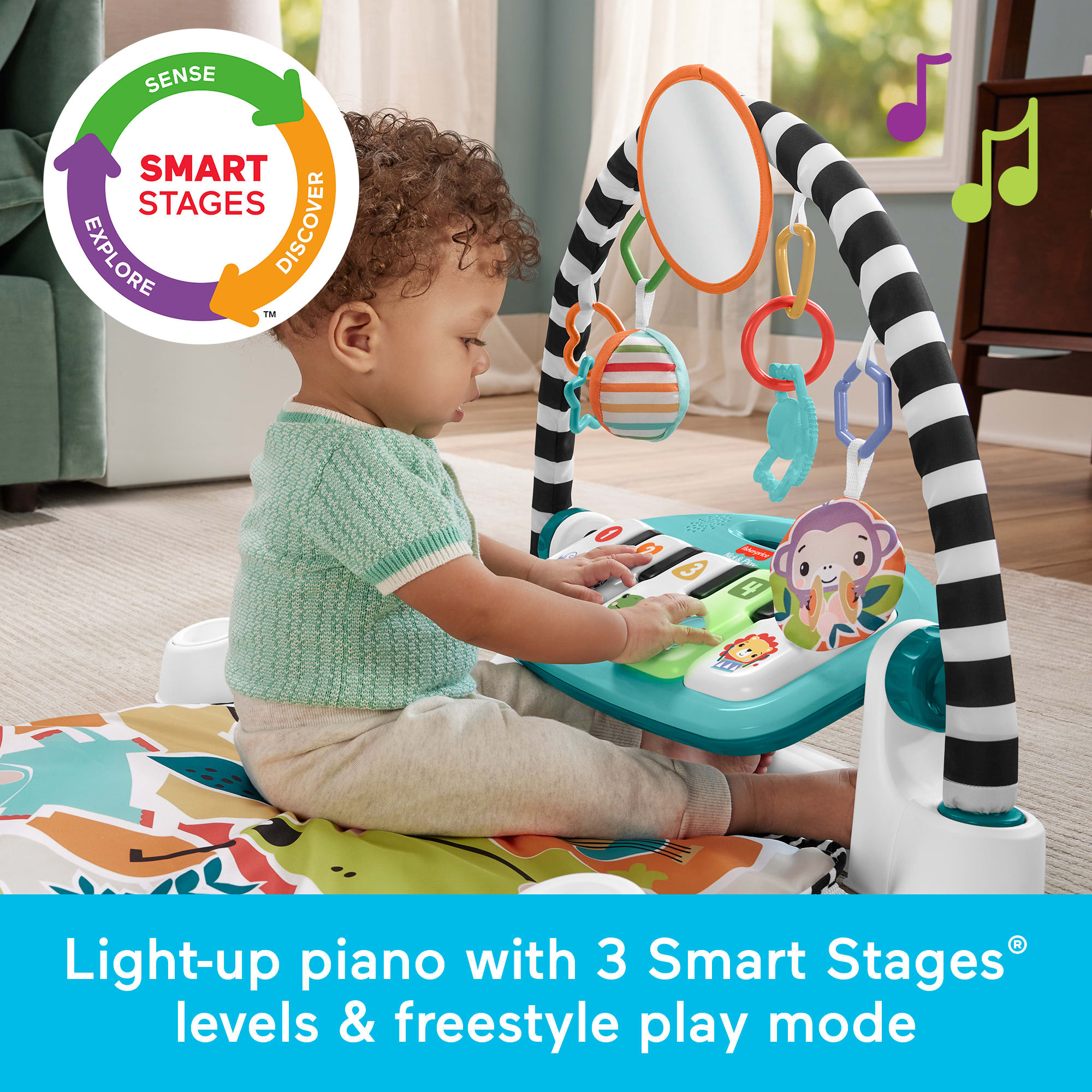 Fisher-Price Glow And Grow Kick & Play Piano Gym Baby Learning Toy With 2 Maracas, Blue