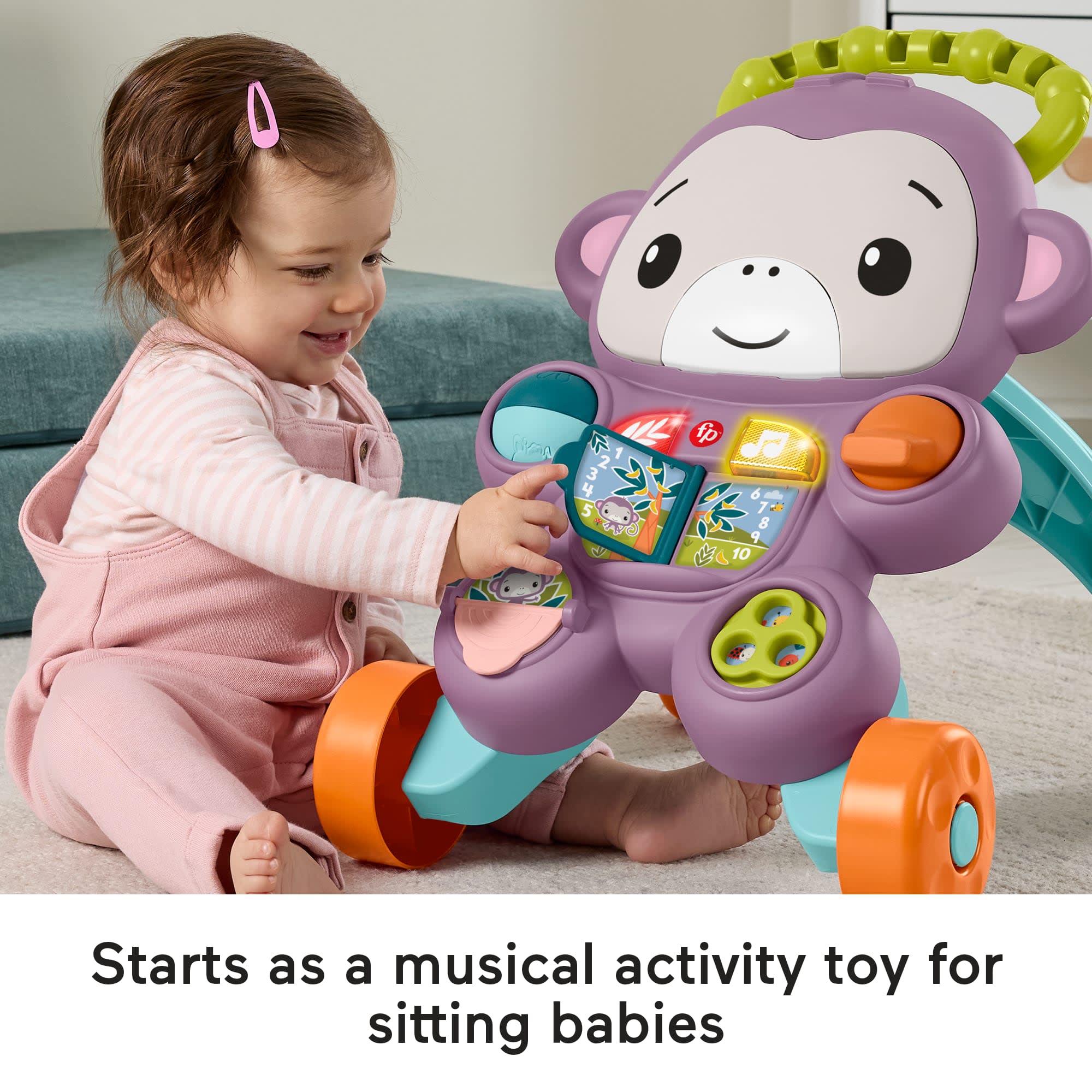 Fisher-Price Learn With Me Purple Monkey Push Walker, Baby Musical Learning Activity Toy