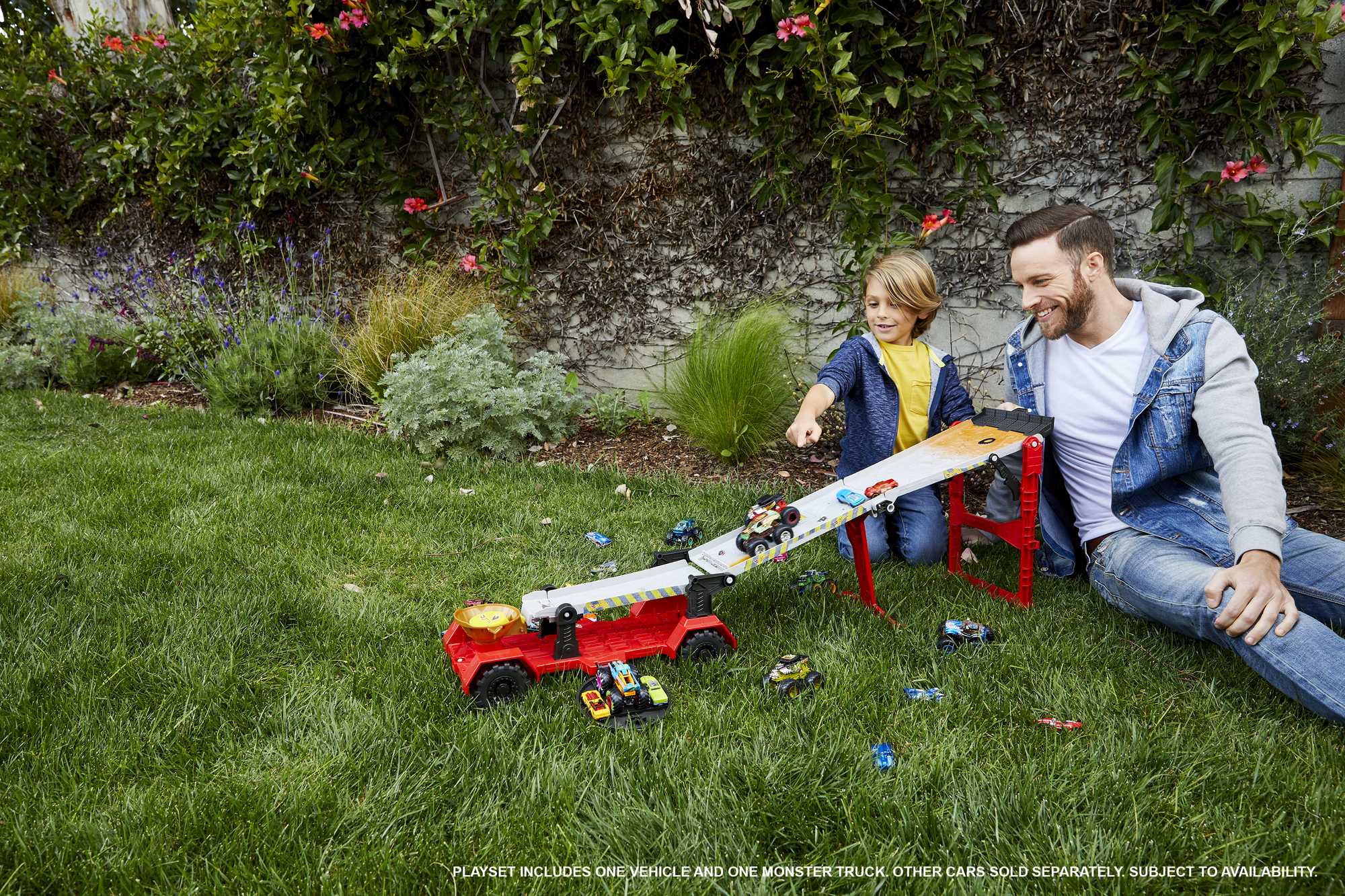 Hot Wheels Monster Trucks, Transporter And Track With 1:64 Scale Toy Truck