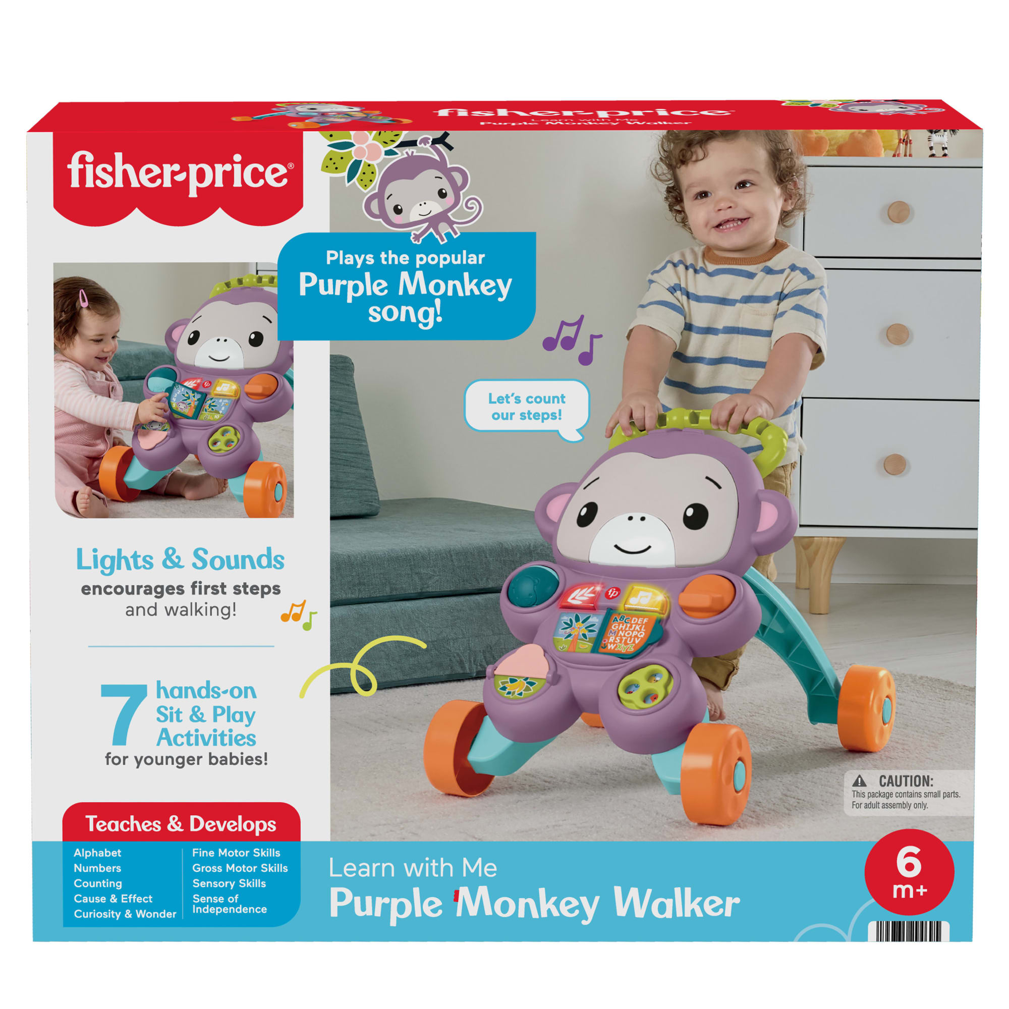 Fisher-Price Learn With Me Purple Monkey Push Walker, Baby Musical Learning Activity Toy