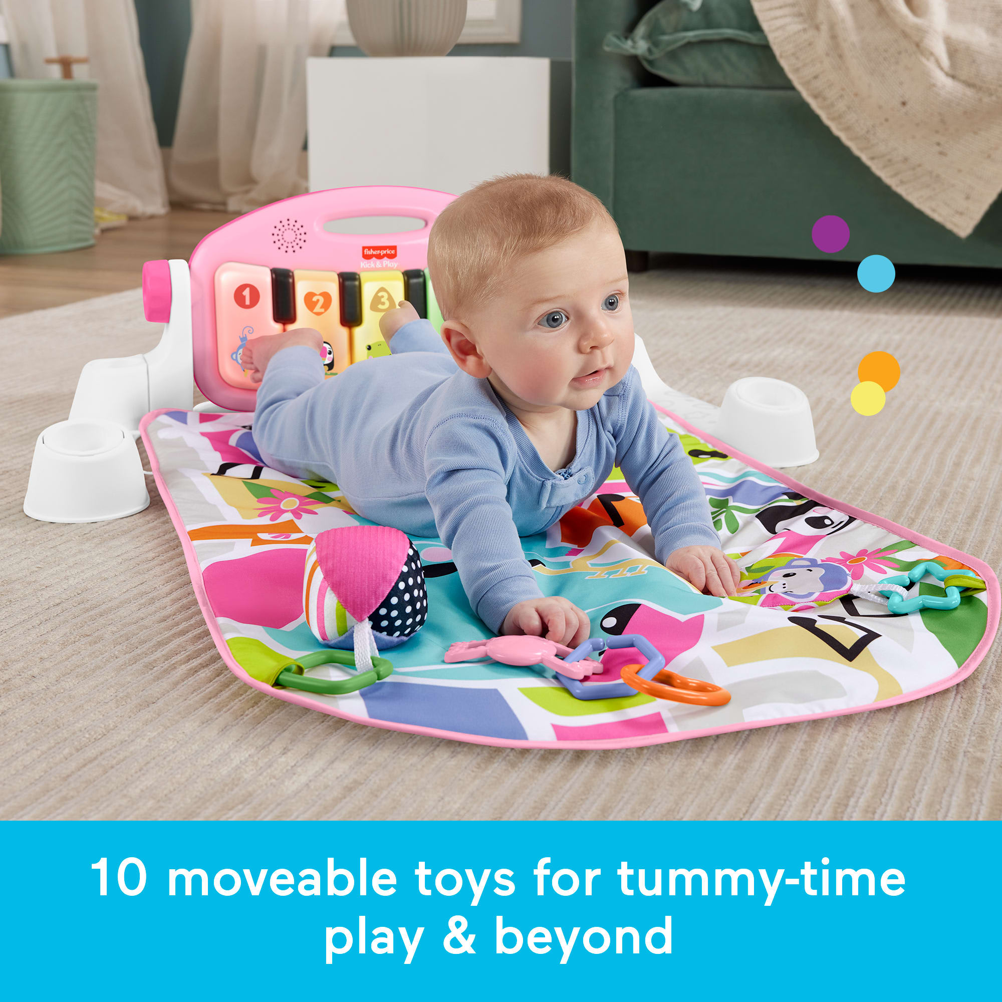 Fisher-Price Glow And Grow Kick & Play Piano Gym Baby Playmat With Musical Learning Toy, Pink