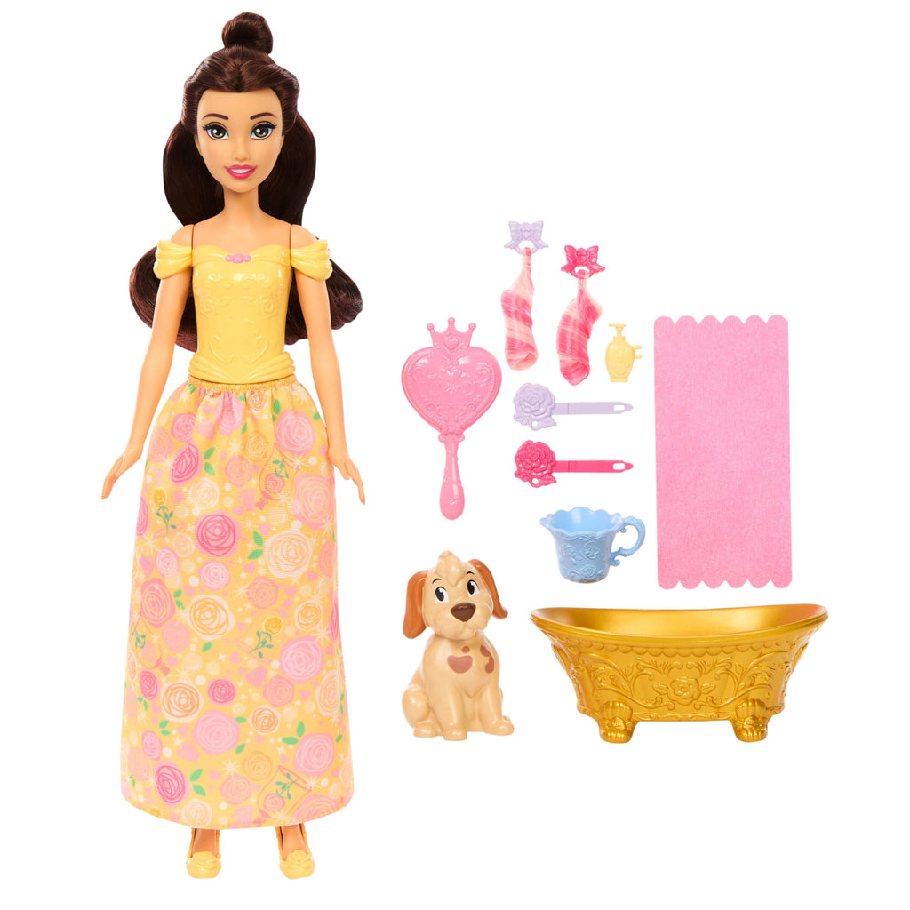 Disney Princess Bathe & Brush Belle Fashion Doll & Dog Figure With Color Change & Accessories