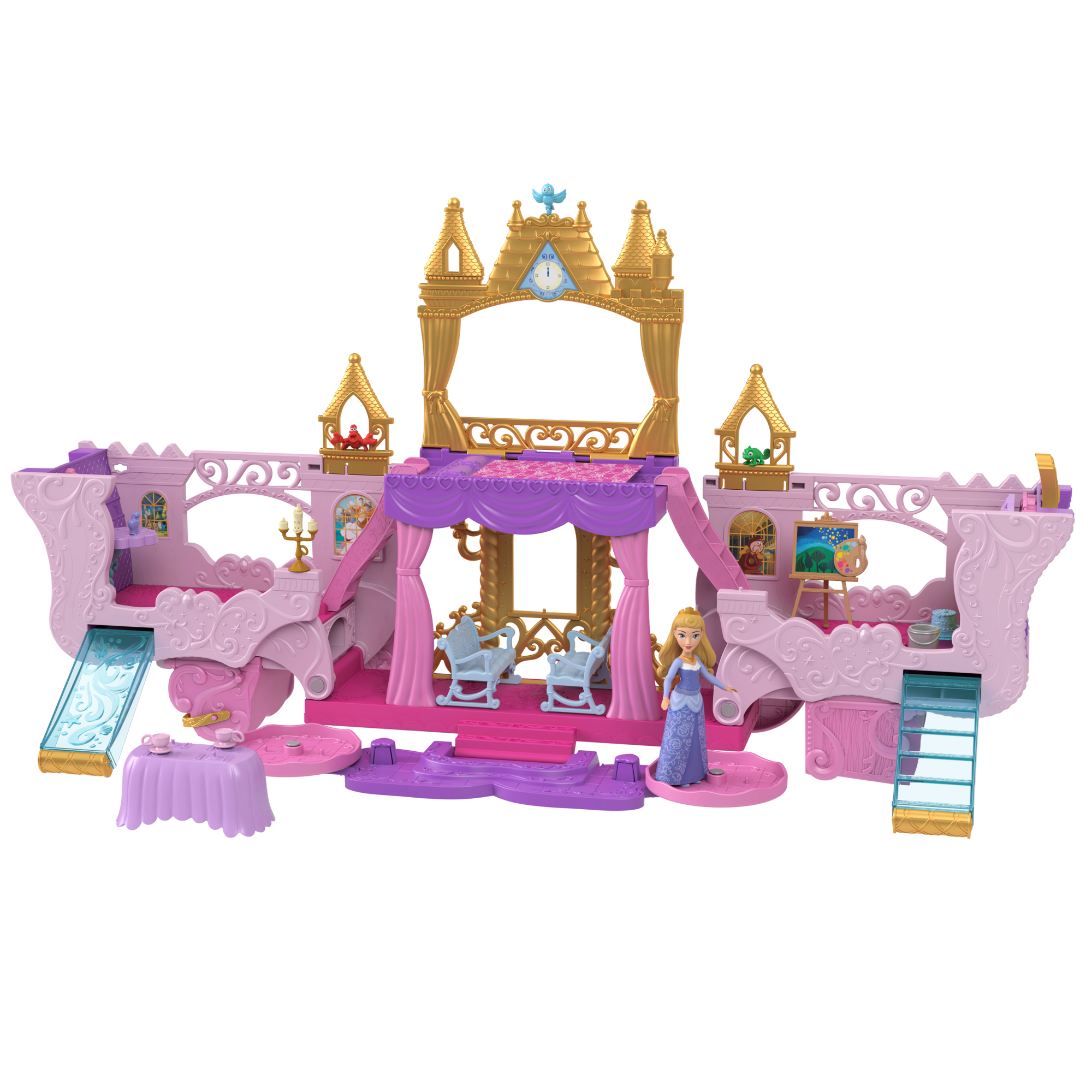 Disney Princess Carriage To Castle Transforming Playset With Aurora Small Doll, 4 Figures & 3 Levels