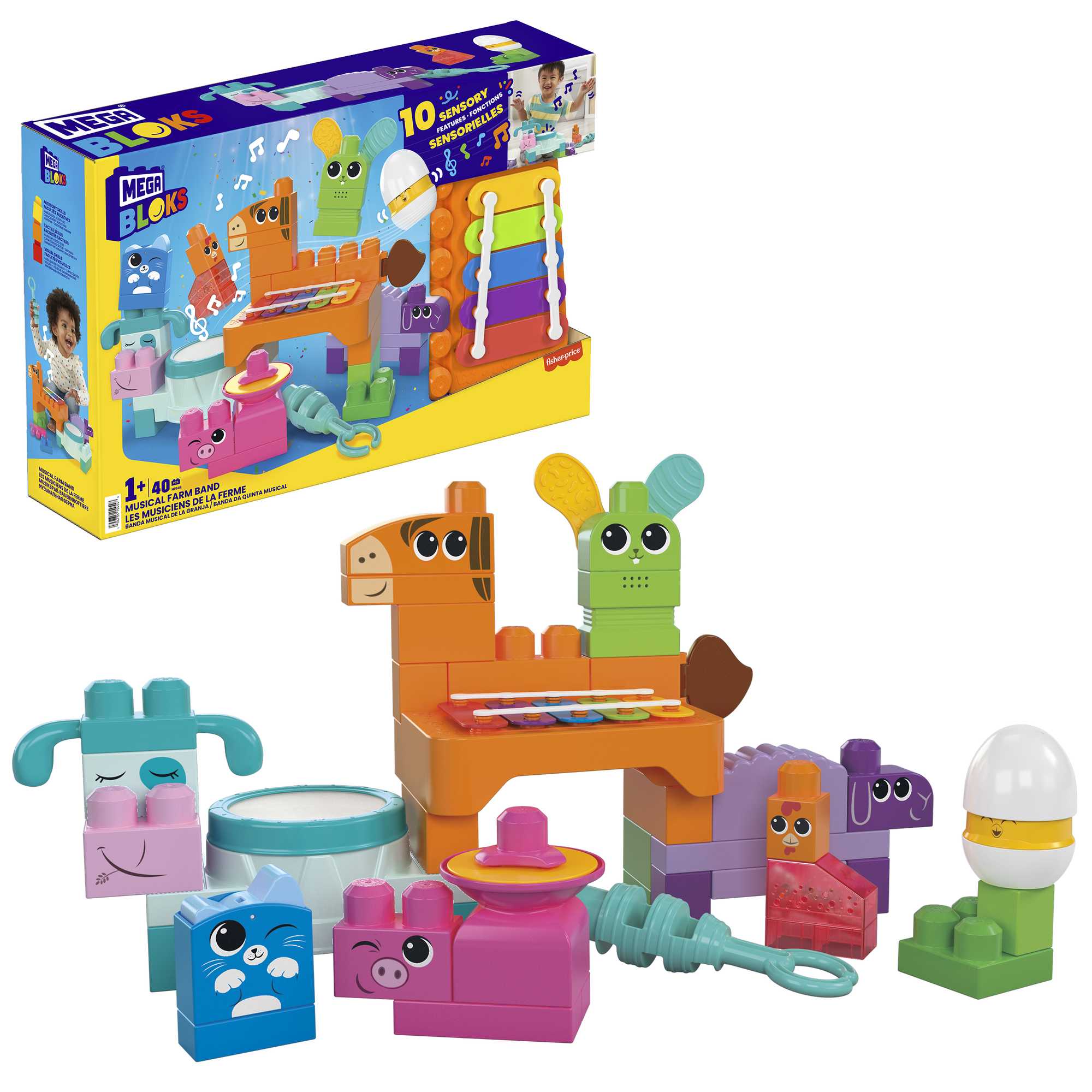 MEGA Bloks Fisher Price Musical Farm Band Sensory Block Toy (45 Pieces) For Toddler