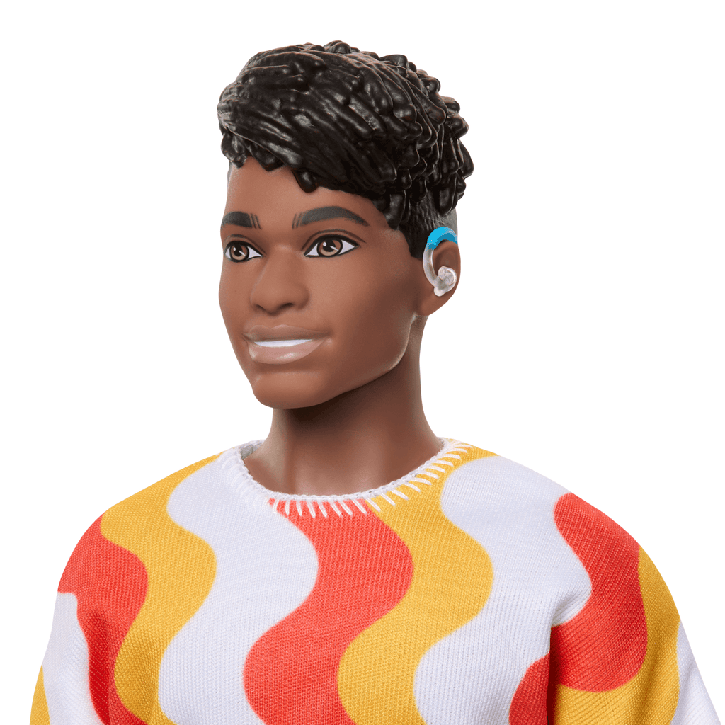 Barbie Fashionistas Ken Doll #220 With Hearing AIds Wearing An Orange Shirt & Jelly Shoes