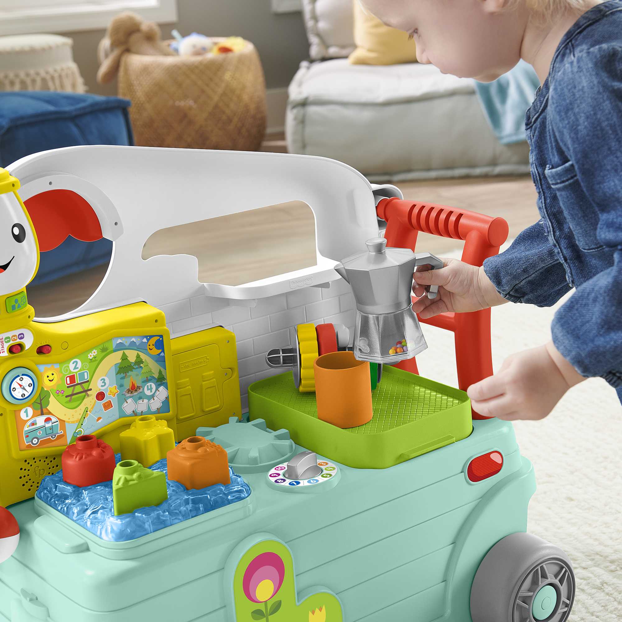 Fisher-Price Rires et Éveil Caravane en Balade 3 en 1, Centre D’Activités Musical Version Anglaise et Française