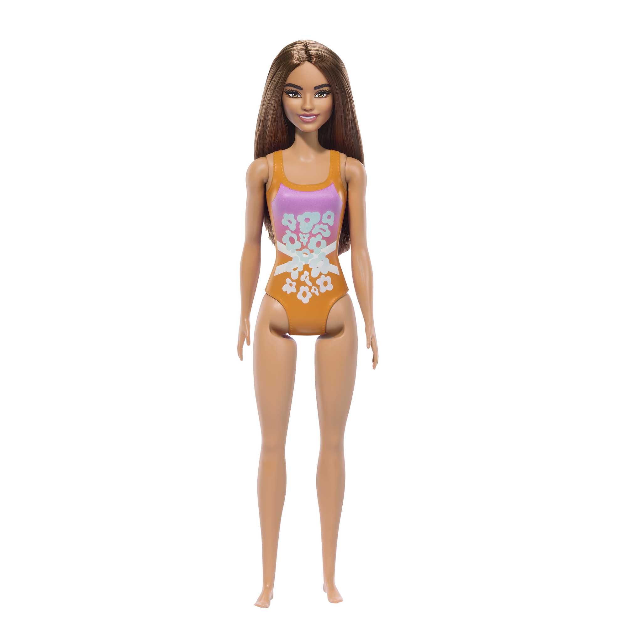 Beach Barbie Doll With Light Brown Hair Wearing Tropical Pink And Orange Swimsuit