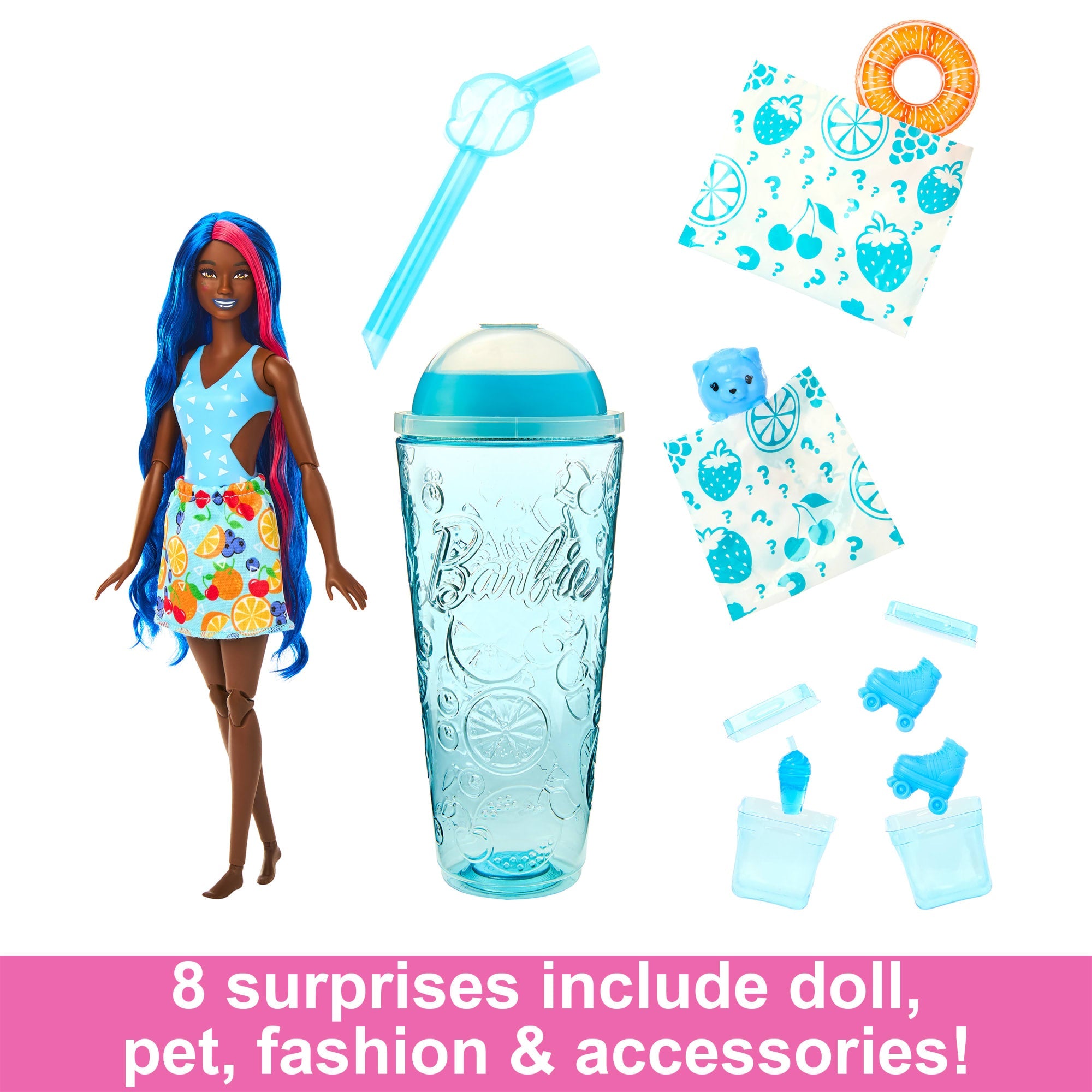 Barbie Pop Reveal Fruit Series Fruit Punch Doll, 8 Surprises include Pet, Slime, Scent & Color Change