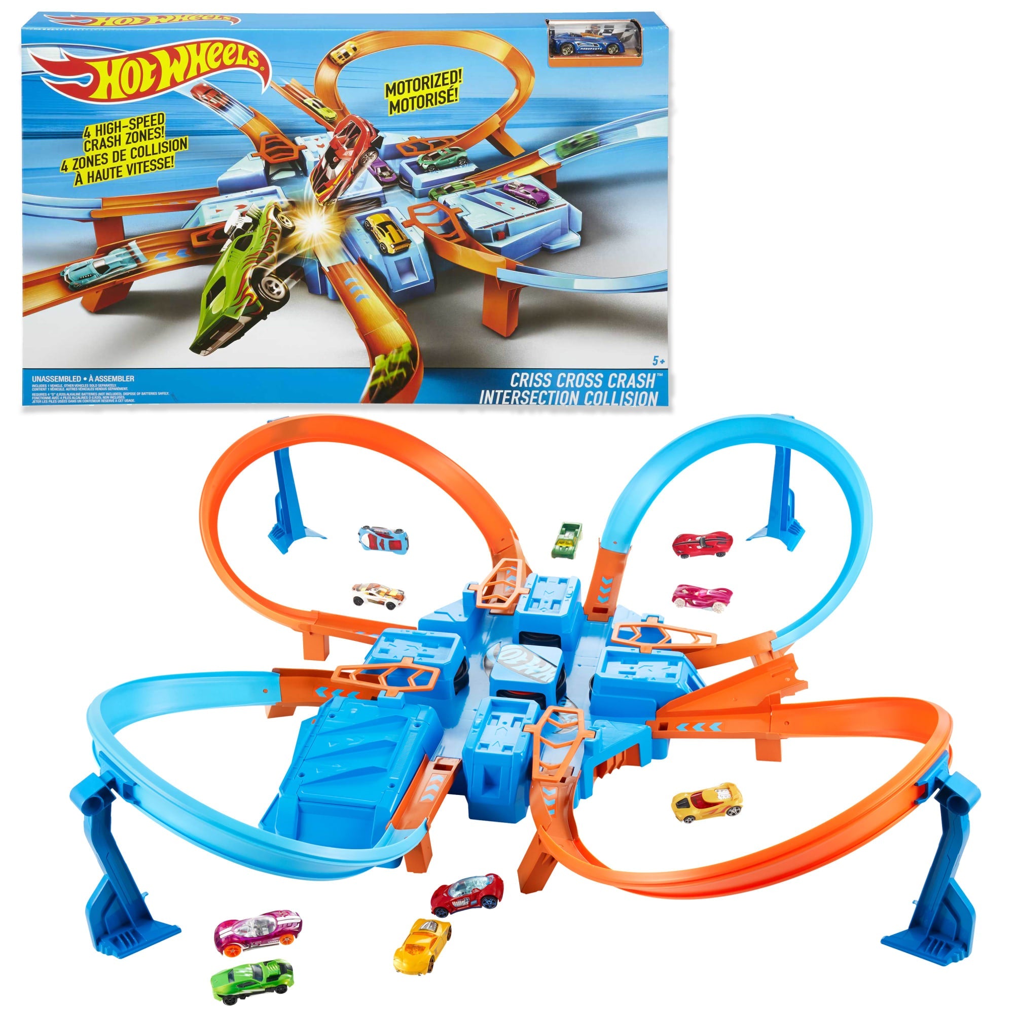 Hot Wheels Track Set With 1:64 Scale Toy Car, Criss-Cross Crash Track With Motorized Booster