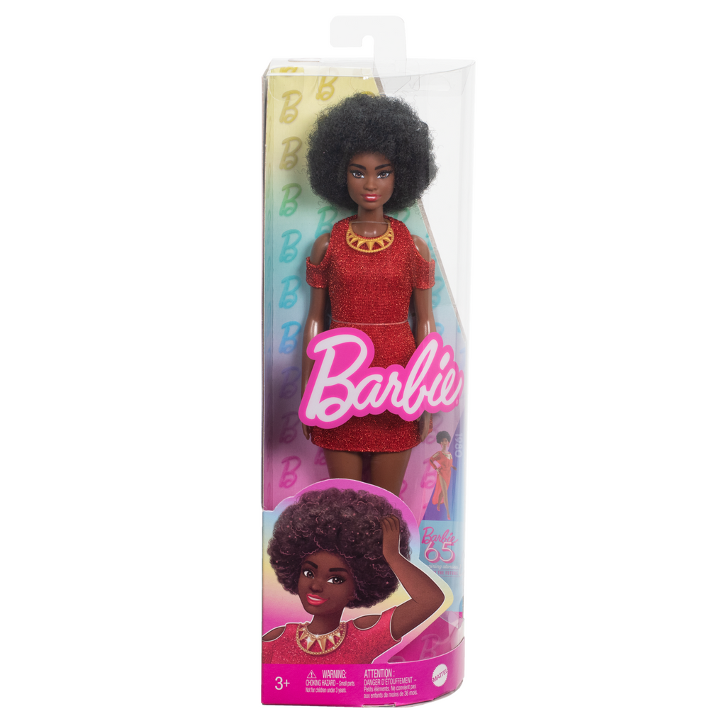 Barbie Fashionistas Doll #221 With Natural Black Hair, Red Dress & Accessories, 65th Anniversary