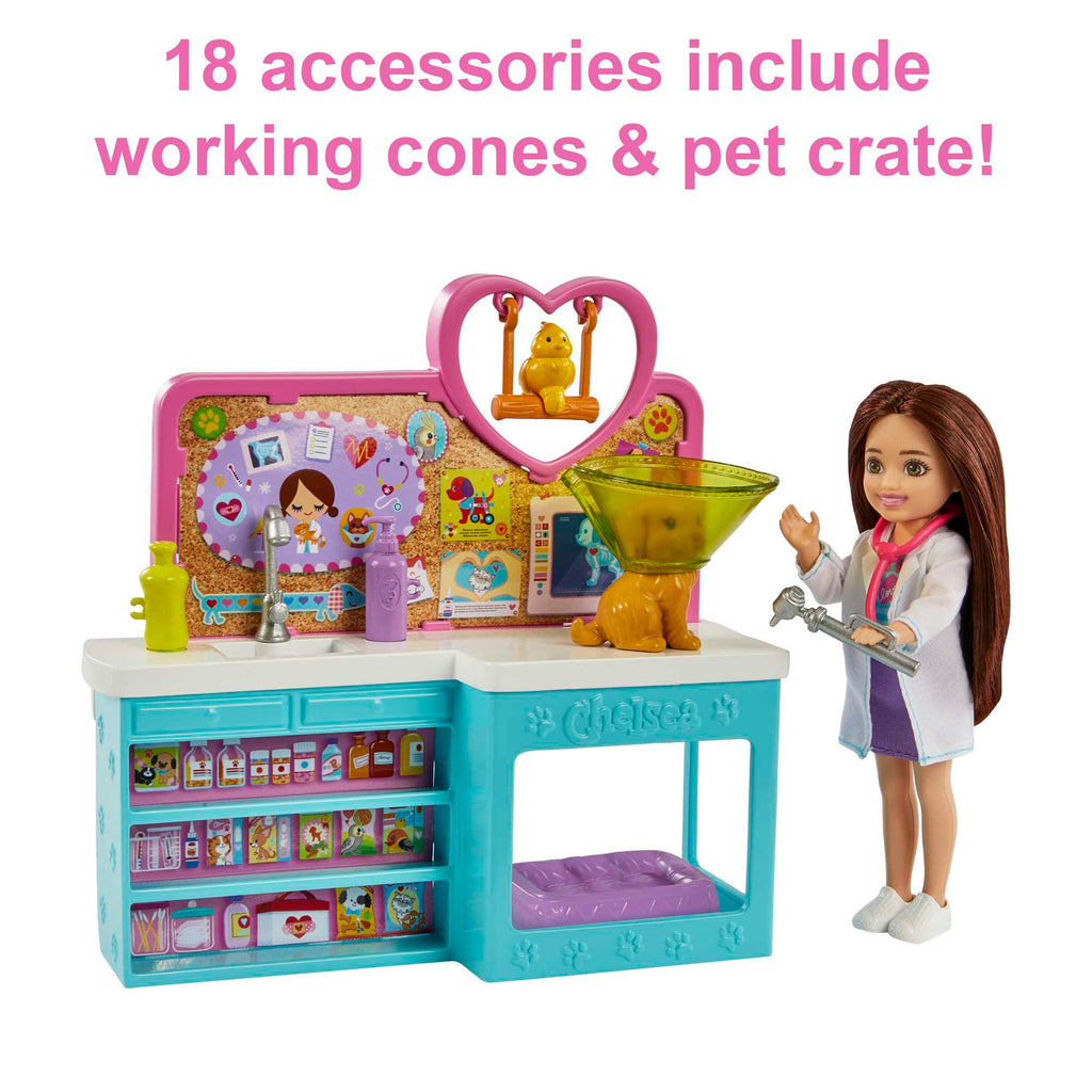 Barbie Doll Chelsea Pet Vet Playset With Doll, 4 Animals And 18 Pieces