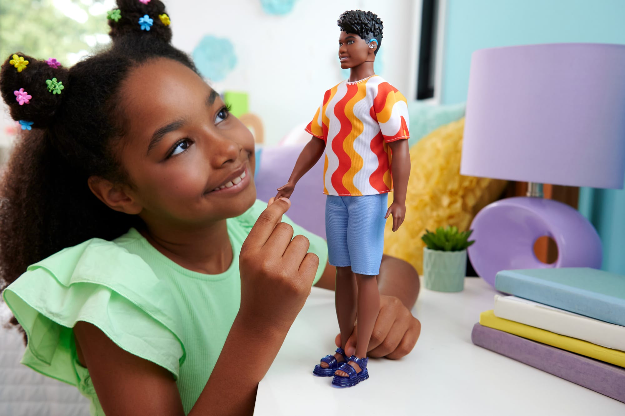 Barbie Fashionistas Ken Doll #220 With Hearing AIds Wearing An Orange Shirt & Jelly Shoes