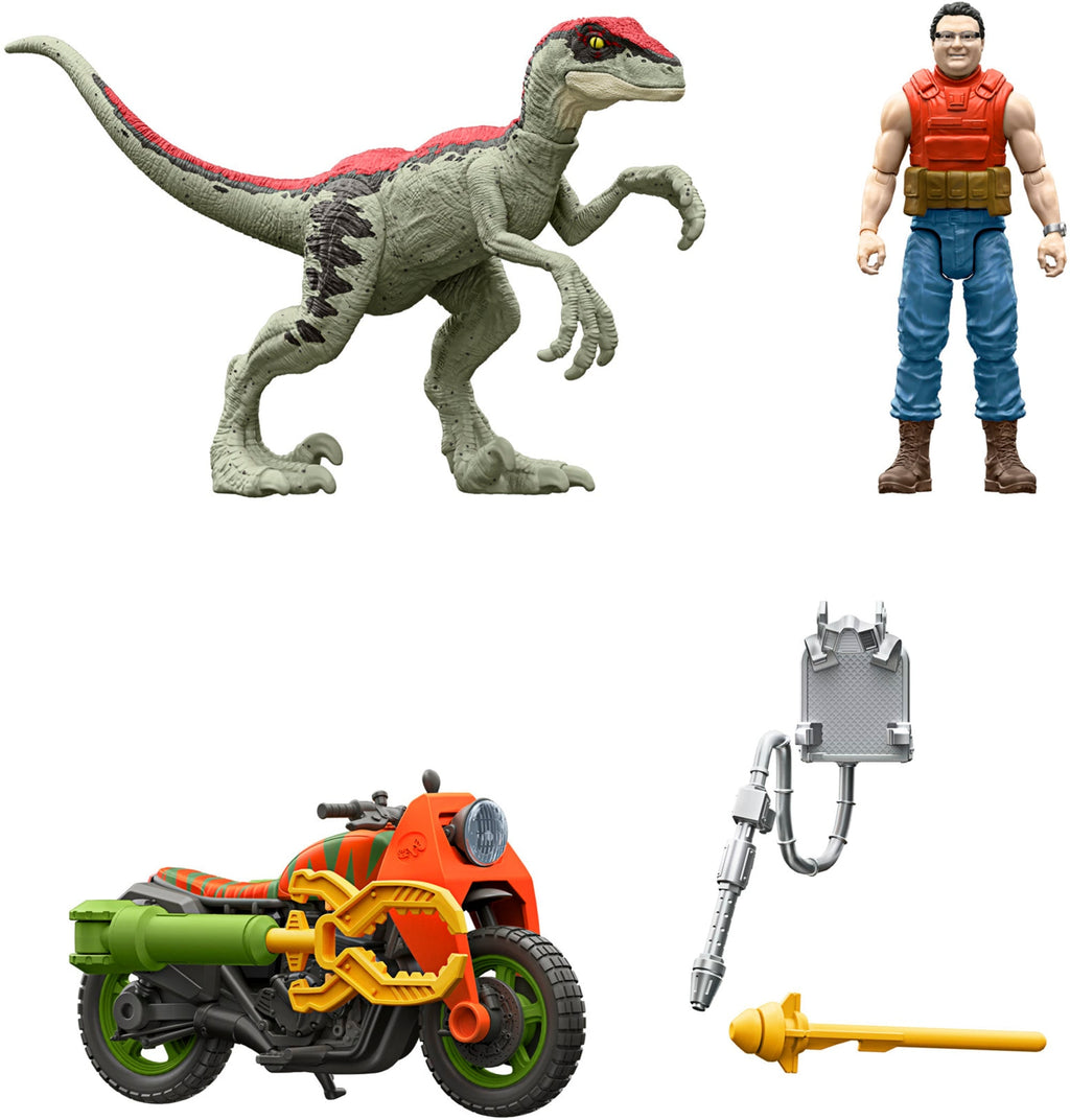 Jurassic Park ’93 Classic Dennis Nedry Action Figure, Motorcycle & Dinosaur Toy Set, 3.75-in Scale