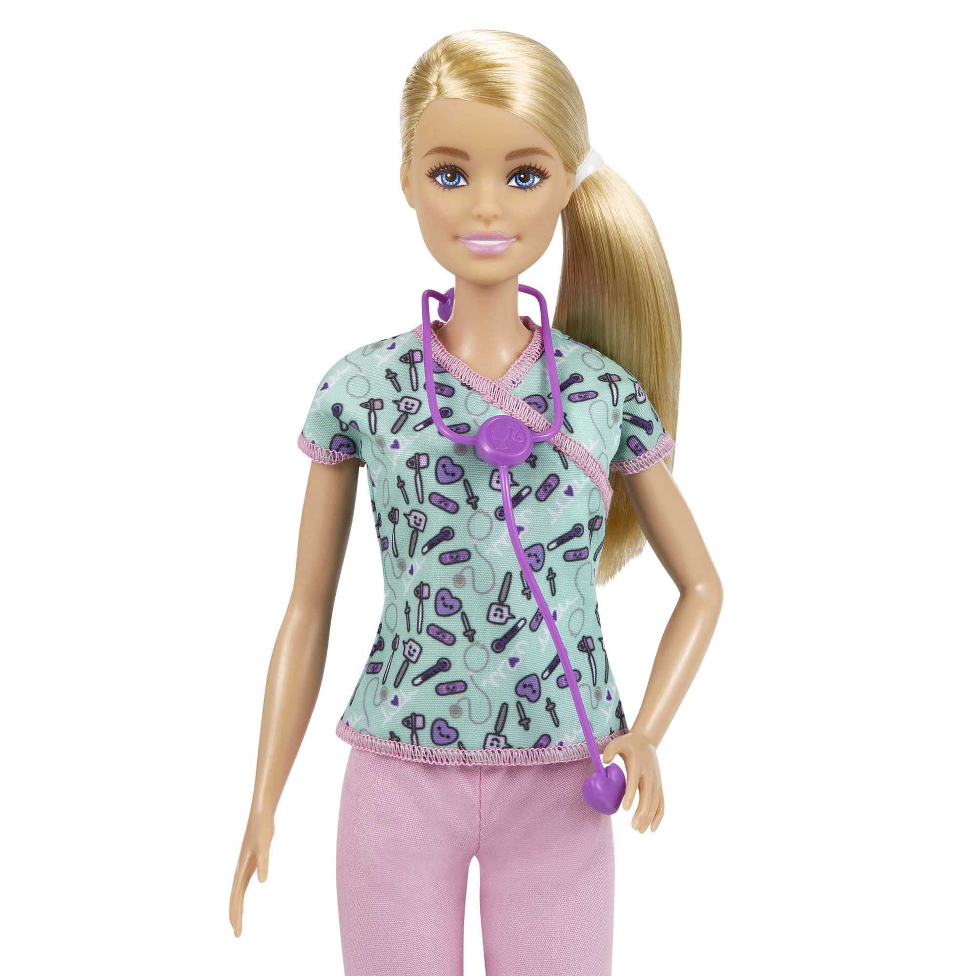 Barbie Nurse Fashion Doll Dressed in Medical Scrubs, White Shoes & Stethoscope Accessory