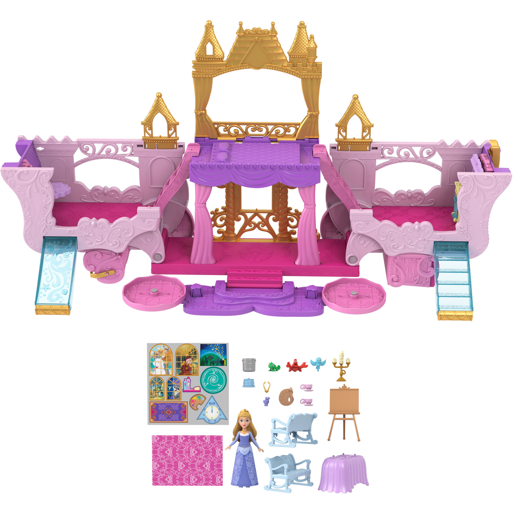 Disney Princess Carriage To Castle Transforming Playset With Aurora Small Doll, 4 Figures & 3 Levels