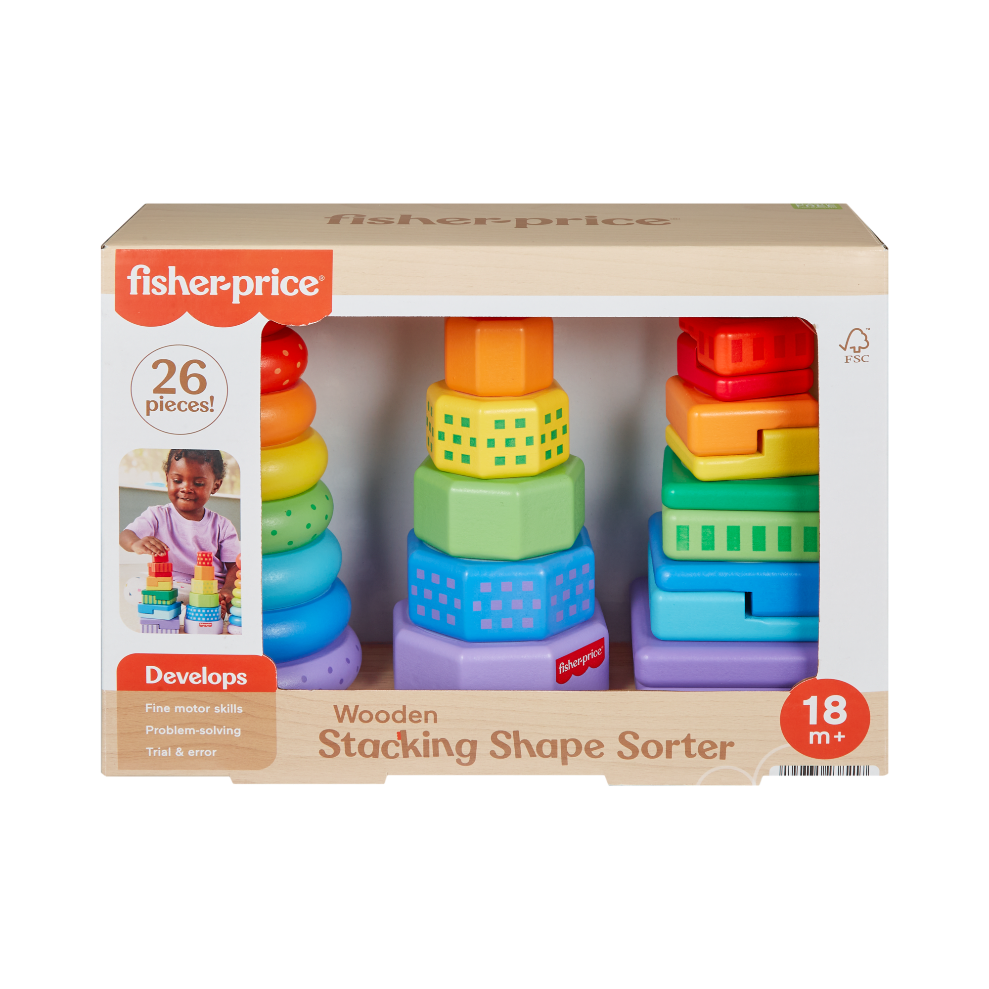 Fisher-Price Wooden Stacking Shape Sorter Toddler Fine Motor Toy, 26 Pieces